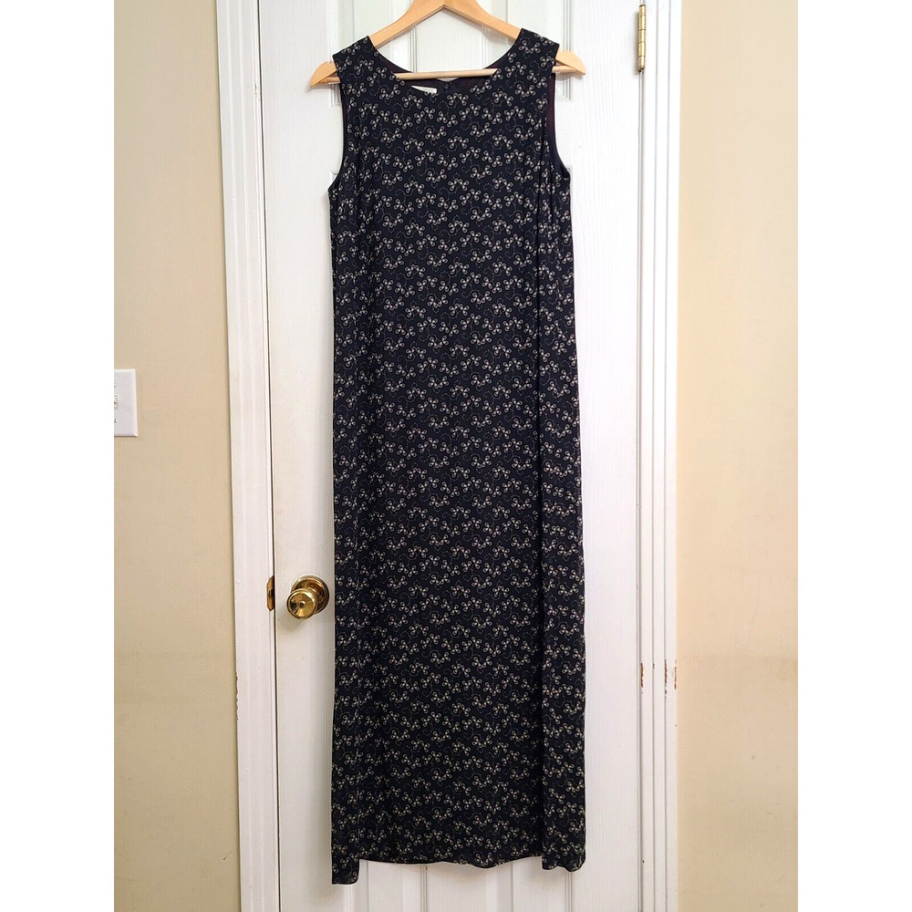 Talbots Sleeveless Black Cream Floral Maxi Dress Career Minimalist Boho Size 10